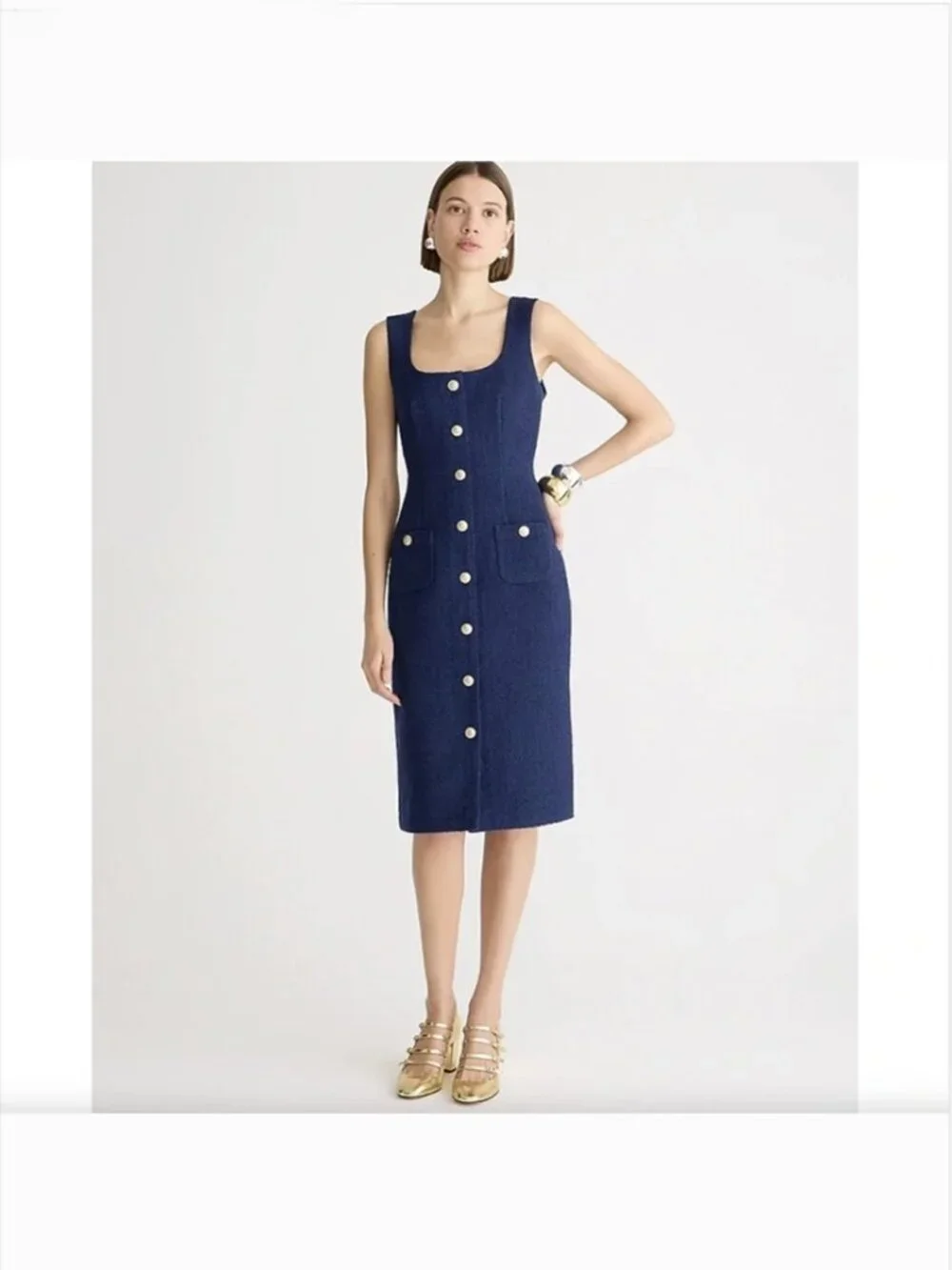 J. Crew Sophia Sleeveless Tweed Midi Dress Size 6 Navy Gold Button Office Pocket